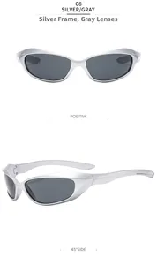 Front and 45-degree angle views of silver punk Y2K sunglasses with dark gray lenses