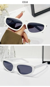 Detail of white wide-frame cat-eye sunglasses featuring dark grey lenses and side arm specs