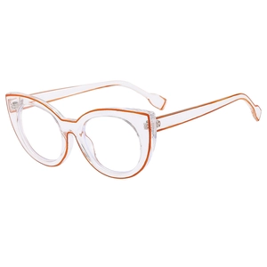 Modern oversized cat-eye glasses frame with orange accents and transparent finish
