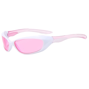 Y2K punk sports sunglasses with streamlined white frames and pink translucent lenses