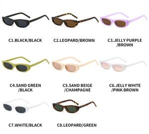 Matrix display of narrow cat eye sunglasses in eight vintage colors from C1 to C8