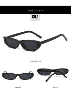 Detailed views of stylish black cat-eye sunglasses with narrow frame and ergonomic temples