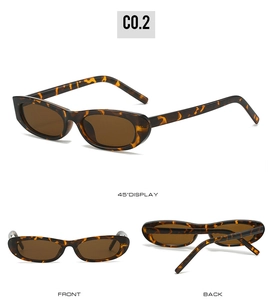 Three-angle views of narrow oval sunglasses featuring classic tortoiseshell pattern frames