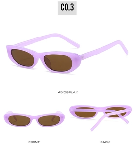 Three views of purple matte oval sunglasses showing front, back, and 45-degree angle