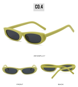 Avocado green narrow frame cat eye sunglasses with grey lenses shown from three angles