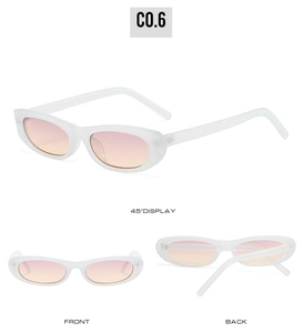 Detail view of white narrow frame sunglasses with pink-orange gradient lenses in multiple angles