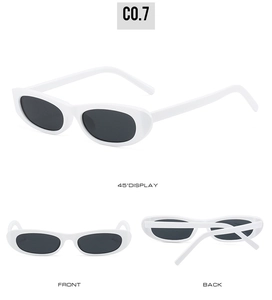 Three-angle view of white retro oval sunglasses with dark lenses and slim frame design
