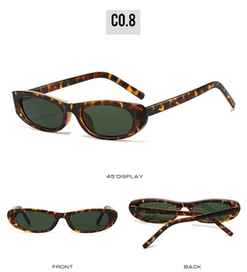 Three-view display of vintage tortoiseshell narrow cat-eye sunglasses with dark green lenses