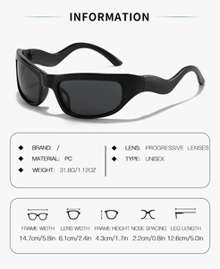 Detailed specs of Y2K sports sunglasses featuring wavy temples and grey gradient lenses