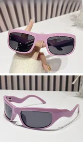 Detailed close-up of light purple Y2K sunglasses showing the wavy temple and CE marking