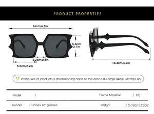 Detailed size chart showing dimensions and PC frame material for large square sunglasses