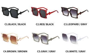 Matrix display of oversized square sunglasses in black, red, leopard, and white frames
