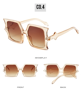 Detailed views of champagne square sunglasses with star accents and gradient lenses