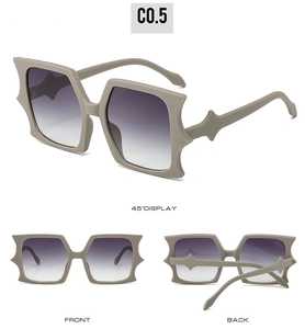Three views of square frame sunglasses with star accents and purple gradient lenses