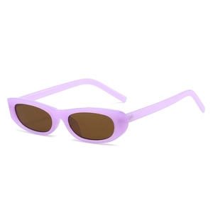 Retro lavender oval sunglasses with dark brown lenses in a minimalist Y2K narrow frame
