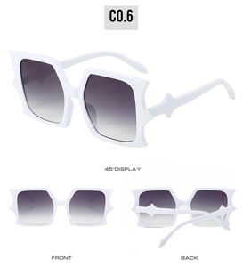 Detailed views of white square sunglasses with star-shaped frame edges and gradient lenses