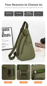 Detail of olive green nylon crossbody bag showing durable fabric and front zipper pocket