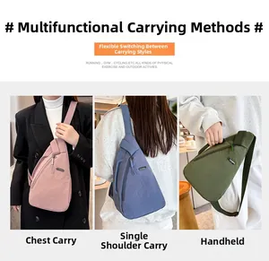 Detailed views of nylon sling bag in pink, blue, and green showing multiple carrying ways