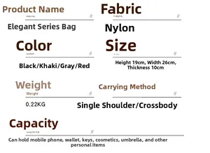 Detailed size chart and multi-color options for nylon crossbody bag with capacity details