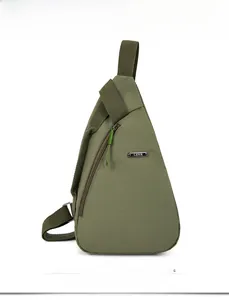 Detail of army green nylon chest bag with LSNR metal plate and durable woven strap
