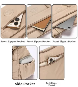 Detail view of nylon crossbody bag with five functional compartments for daily organization
