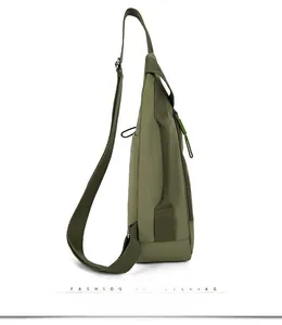 Side view of olive green nylon crossbody chest bag with slim profile and woven strap
