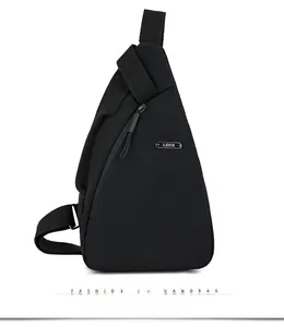 Detail of a black crossbody chest bag showing the LSNR metal logo and durable fabric