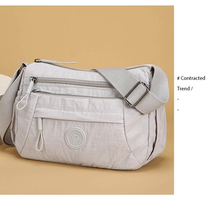 Detail view of multi-pocket nylon crossbody bag with durable zippers and adjustable strap
