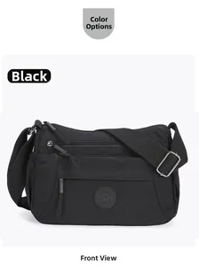 Detailed front view of black nylon multi-pocket crossbody bag with adjustable strap