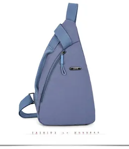 Front detail of blue nylon crossbody chest bag with LSNR metal logo and zipper pocket