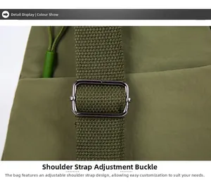 Detail of adjustable shoulder strap and metal buckle on olive green crossbody chest bag