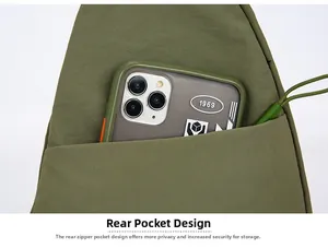 Detail of army green nylon chest bag featuring a secure hidden back zipper pocket for phone