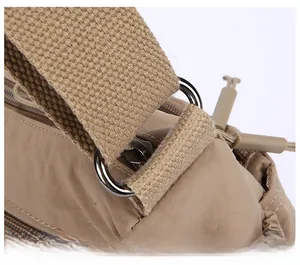 Close-up of reinforced stitching and durable metal D-ring buckle on the shoulder strap