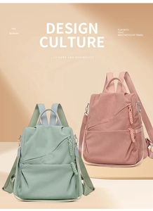 Detail of waterproof corduroy backpacks in pastel green and pink with textured fabric