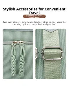 Detail of green corduroy backpack with dual metal zippers and adjustable nylon straps