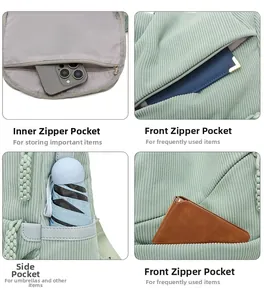 Detail view of green corduroy backpack compartments including zippers and side pockets