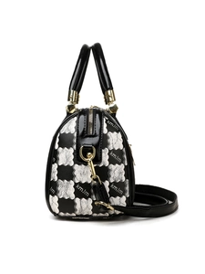 Detail of Boston bag with checkered pattern, silver floral accents and shiny black leather