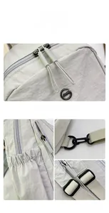 Détails des fermetures éclair et de la texture nylon du sac à dos gris clair