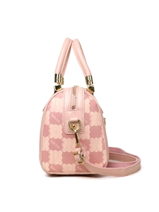 Detailed side view of pink checkered boston bag with gold hardware and kmJm monogram
