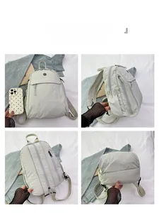 Vues détaillées d'un sac à dos en nylon gris clair montrant les poches et les angles