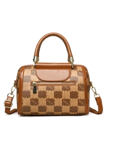 Close-up of brown Boston bag showing geometric logo print and golden metal zipper detail