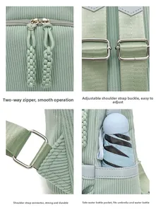 Detail view of corduroy backpack with dual zippers, side pocket and metal buckles