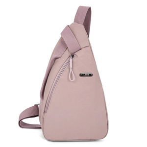 Pink nylon crossbody chest bag with LSNR metal plate and wide shoulder strap