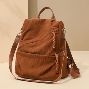 Waterproof brown corduroy backpack for women featuring dual-use straps and retro style