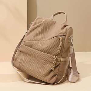Waterproof corduroy backpack for women with leather handles and braided zipper puller