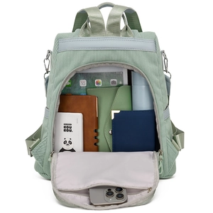 Spacious mint green corduroy backpack showing large capacity and internal compartments