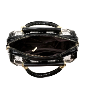 Black and white printed Boston handbag with spacious interior and gold hardware details