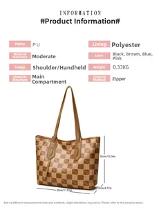 Detailed size specifications and material info for the brown checkered tote bag