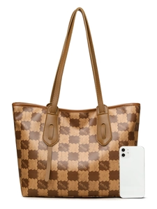 Large checkered tote bag shown next to a smartphone to demonstrate the spacious capacity