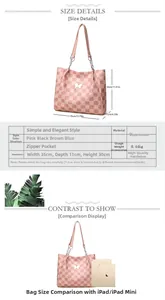 Spécifications de taille du cabas en cuir PU rose avec comparaison de l'iPad